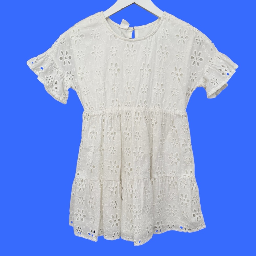 Evsie Floral Eyelet White Dress Girls Size Small (9) Breathable Cotton